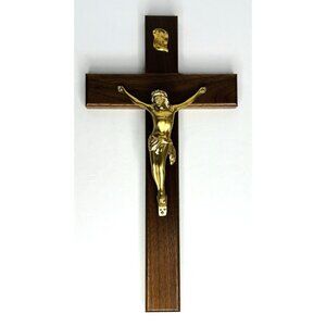 Crucifix Jesus Christ Wall Gold Tone Metal on Wood 12x6 Christian Religious VTG